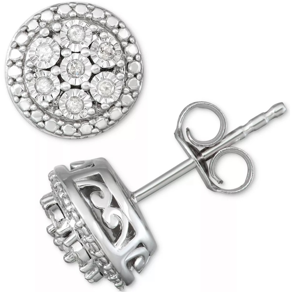 Diamond natural Cluster Earrings 1/10 ct Sterling Silver